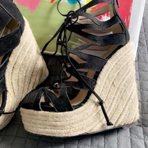 Black Suede Lace up Wedge Heels Peep Toe Platform - Picture 3 of 5